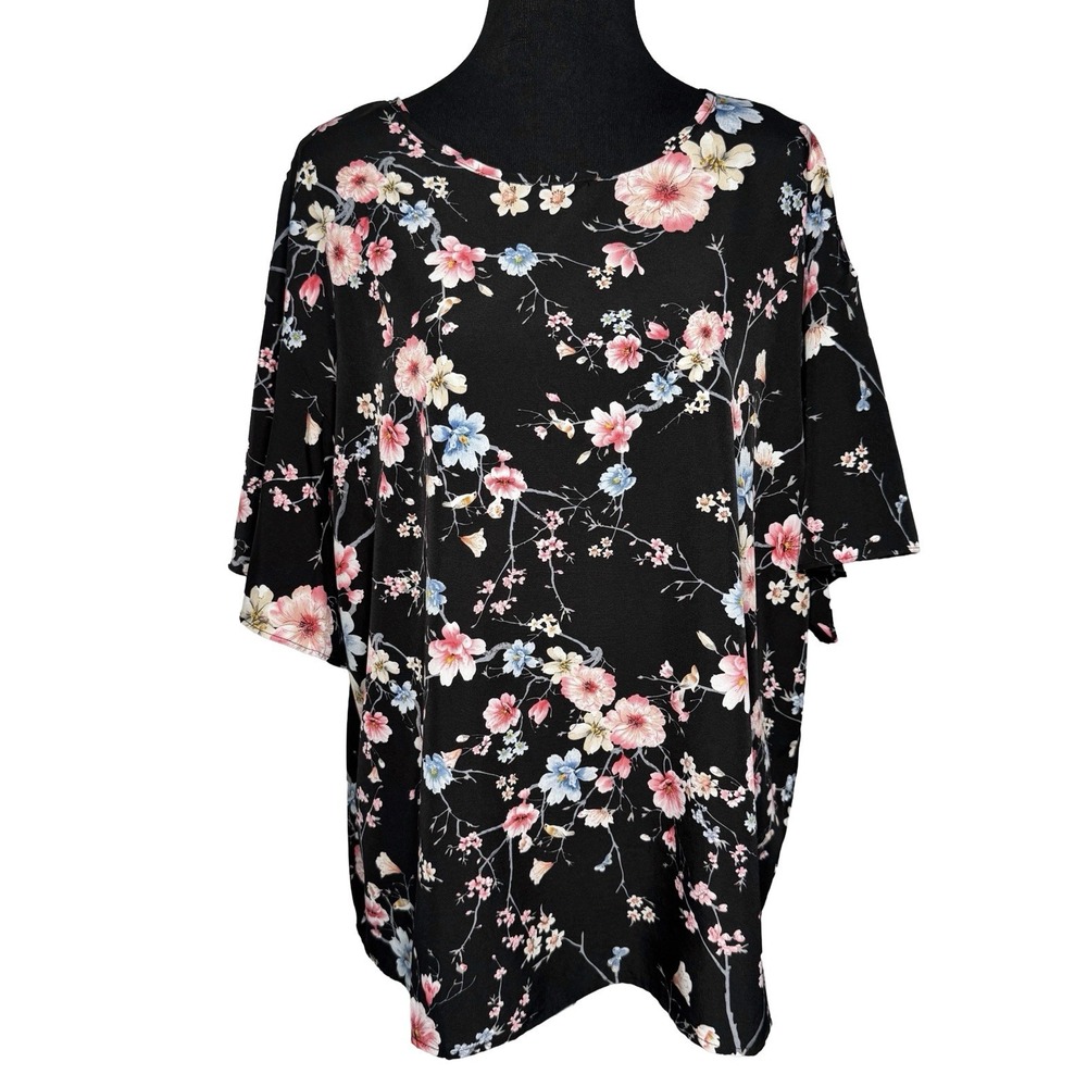 Womens 3X Black Floral Blouse Flowy Short Sleeve Pink Blue Romantic Boho Cottage - Picture 2 of 9